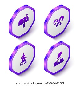 Set Isometric Mail box, Candy cane with stripes, Christmas tree and chimney icon. Purple hexagon button. Vector