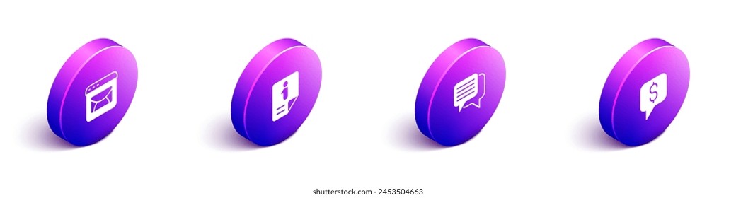 Set Isometric Mail and e-mail, Information, Speech bubble chat and Paid support icon. Vector