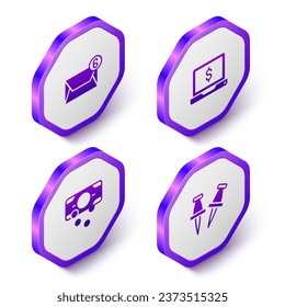 Set Isometric Mail and e-mail, Laptop with dollar, Stacks paper money cash and Push pin icon. Purple hexagon button. Vector