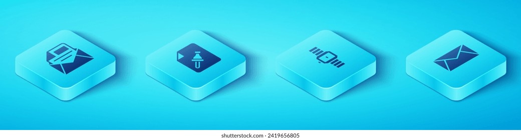 Set Isometric Mail and e-mail, Note paper with push button,  and Wrist watch icon. Vector