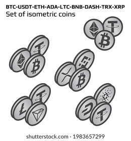 Satz isometrischer Hauptkryptowährungsmünzen in BW einzeln auf Weiß auf der rechten Seite. Isometrische Kryptosymbole auf Münzen. Vektorgrafik.