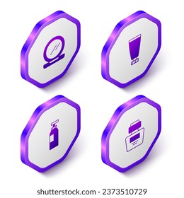 Set Isometric Makeup powder with mirror, Cream lotion cosmetic tube, Bottle of shampoo and Perfume icon. Purple hexagon button. Vector