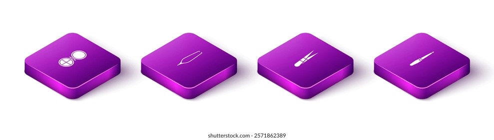 Set Isometric Makeup powder with mirror, Eyebrow tweezers,  and Nail file icon. Vector