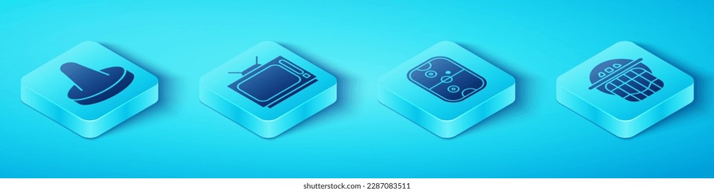 Set Isometric Mallet for playing air hockey, Retro tv, Hockey helmet and Air hockey table icon. Vector