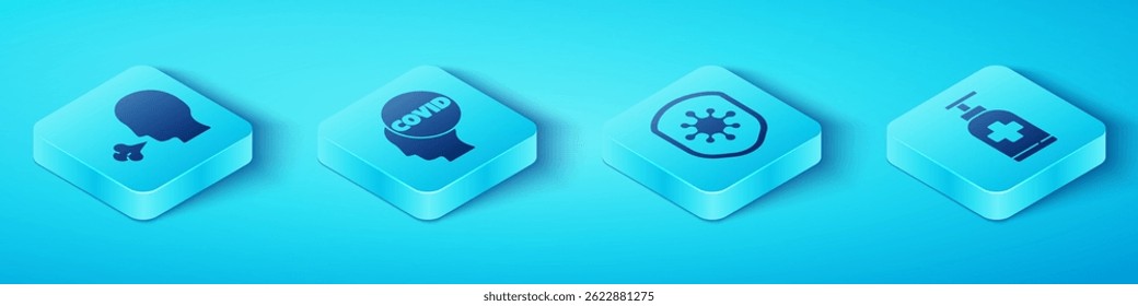 Set Isometric Man coughing, Corona virus covid-19, Bottle of liquid antibacterial soap and Shield protecting from virus icon. Vector