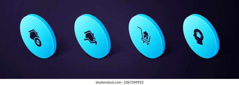 Set Isometric Man dreaming about buying house, Shopping cart with, Rising cost of housing and House dollar icon. Vector