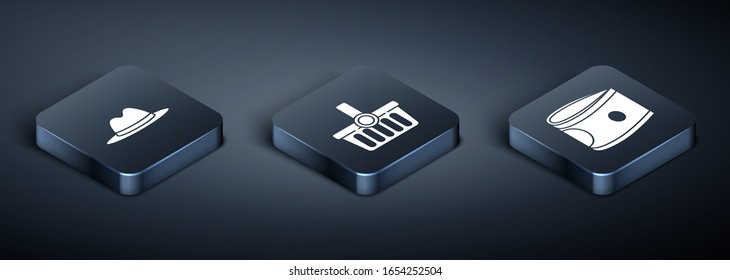 Set Isometric Man Hut mit Band, Stacks Papier Geld Bargeld und Warenkorb Symbol. Vektorillustration