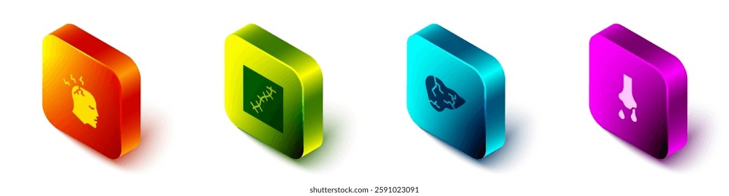 Set Isometric Man having headache, Scar with suture, Hepatitis virus and Runny nose icon. Vector