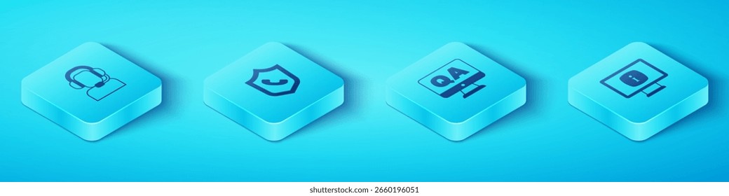 Conjunto de hombre isométrico con auriculares, teléfono 24 horas de Asistencia, información del monitor y el icono de preguntas y respuestas. Vector