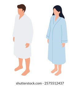 set of isometric man and woman in a robe isolated vector object