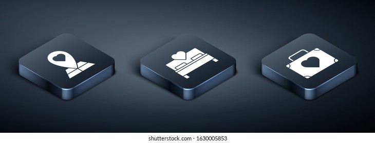 Set Isometric Map pointer with heart, Suitcase for travel with heart and Bedroom icon. Vector