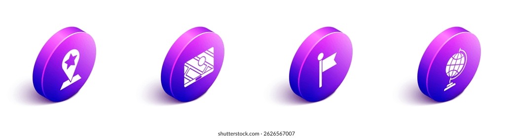 Set Isometric Map pointer with star, City map navigation, Location marker and Earth globe icon. Vector