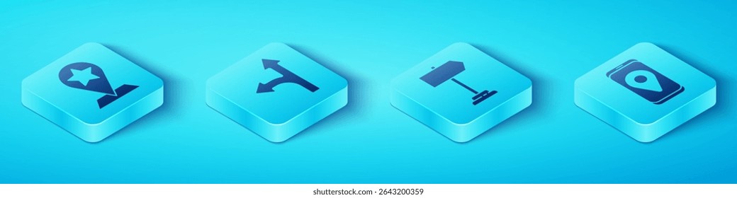 Set Isometric Map pointer with star, Road traffic sign, City map navigation and Road traffic sign icon. Vector