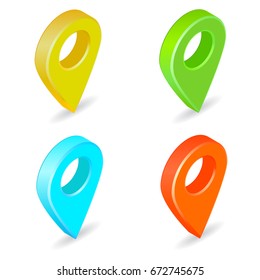 Set of isometric map pointers. Multicolor map pin icons.