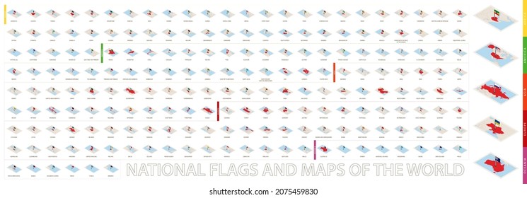 Set of isometric maps and flags sorted by continent and alphabet. Vector map collection.