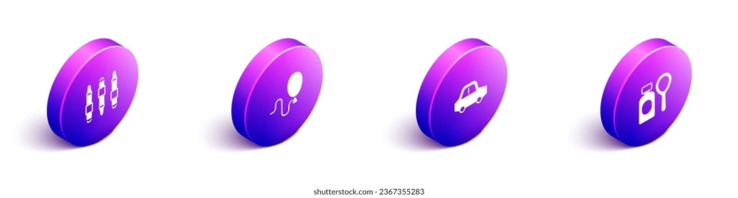 Set Isometric Marker pen, Balloons, Toy car and Soap bubbles bottle icon. Vector