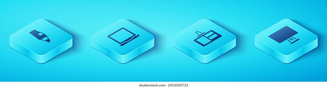 Set Isometric Marker pen, Laptop, Computer monitor and Identification badge icon. Vector