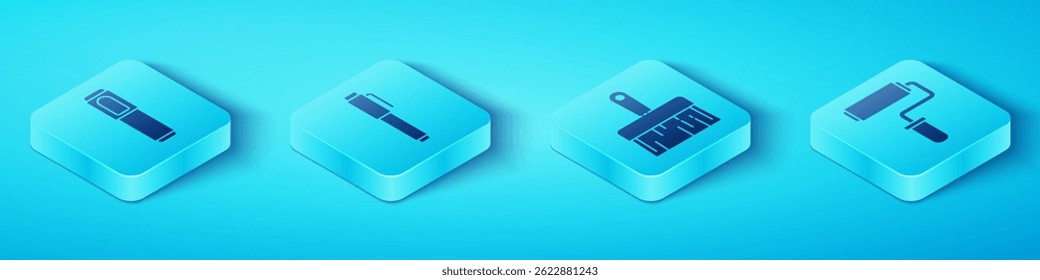 Set Isometric Marker pen, Pen, Paint roller brush and Paint brush icon. Vector
