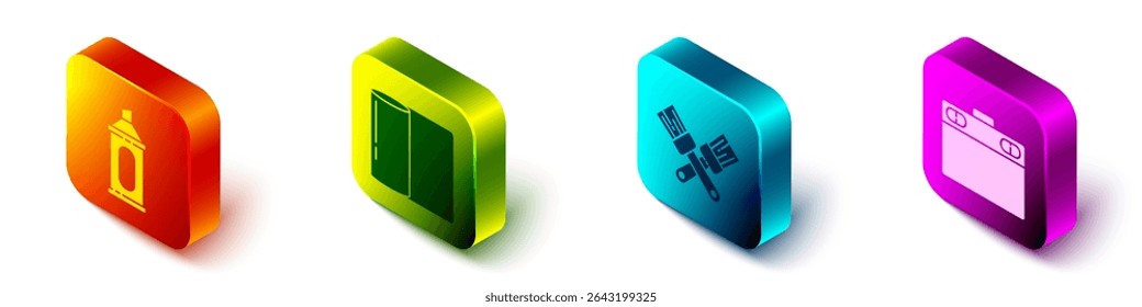 Set Isometric Marker pen, Paper towel roll, Crossed paint brush and Graphic tablet icon. Vector