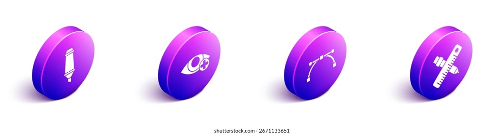 Set Isometric Marker pen, Red eye effect, Bezier curve and Crossed ruler and pencil icon. Vector