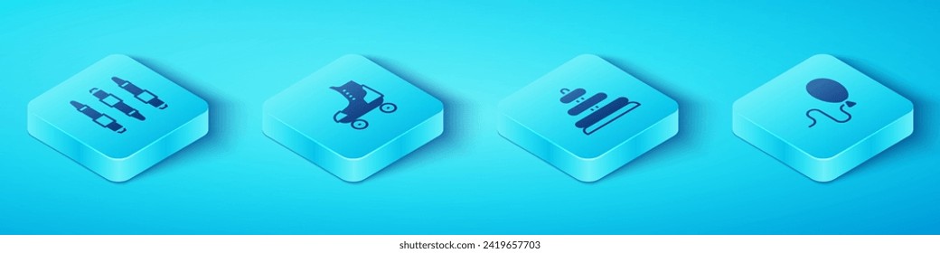 Set Isometric Marker pen, Roller skate, Balloons and Pyramid toy icon. Vector