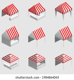 Set Isometric Market Stall, Tent. Street Awning Canopy Kiosk, Counter, White Red Strings For Fair, Street Food, Market, Grocery Goods. Vector Isolated