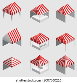 Set Isometric market stall, tent. Street awning canopy kiosk, counter, white red strings for fair, street food, market, grocery goods. Vector isolated