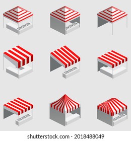 Set Isometric market stall, tent. Street awning canopy kiosk, counter, white red strings for fair, street food, market, grocery goods. Vector isolated