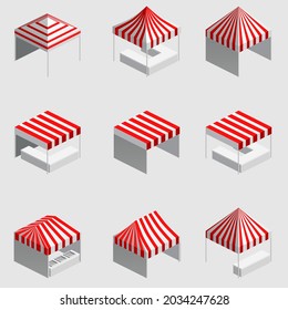 Set Isometric Market Stall, Tent. Street Awning Canopy Kiosk, Counter, White Red Strings For Fair, Street Food, Market, Grocery Goods. Vector Isolated