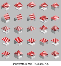 Set Isometric Market Stall, Tent. Street Awning Canopy Kiosk, Counter, White Red Strings For Fair, Street Food, Market, Grocery Goods. Vector Isolated