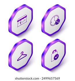 Conjunto de tienda de mercado isométrico, reloj y porcentaje de descuento, armario colgante e icono de bolsa de compras de papel. Botón hexagonal púrpura. Vector