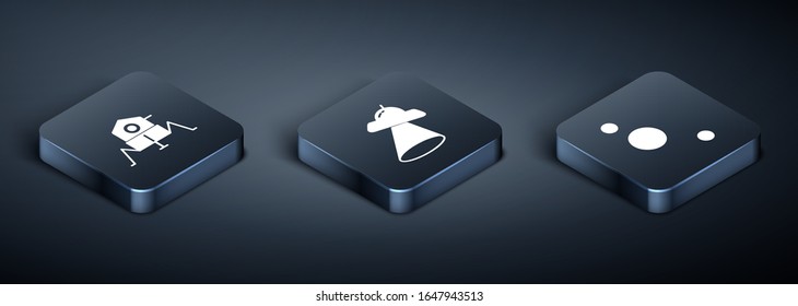 Set Isometric Mars rover, Solar system and UFO flying spaceship icon. Vector