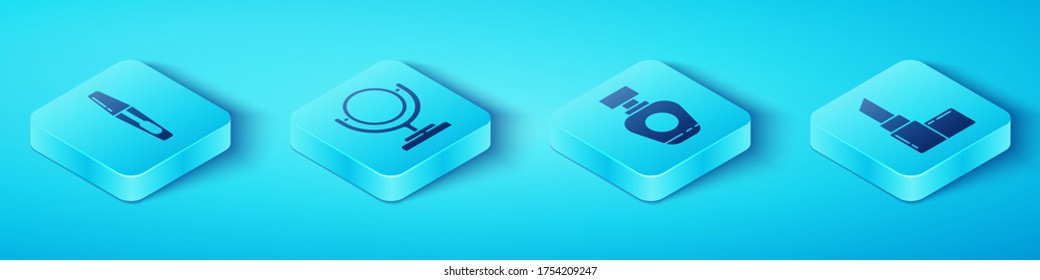 Set Isometric Mascara brush, Round makeup mirror, Lipstick and Perfume icon. Vector