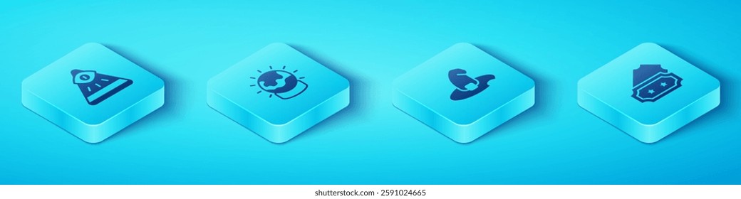 Set Isometric Masons, Magic ball, Ticket and Witch hat icon. Vector