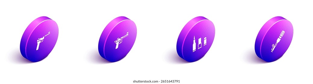 Set Isometrische Mauser Pistole, Wüstenadler, Kugel und Anti-Panzer Handgranate Symbol. Vektorgrafik