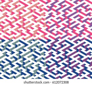 Set of Isometric Maze with blue and pink edges decorated with flat maze ornament. Endless labyrinth. Seamless pattern for background, design, print and textile. Vector illustration.