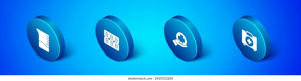 Set Isometric Measuring cup, Cross hospital medical, First aid kit and Pills blister pack icon. Vector