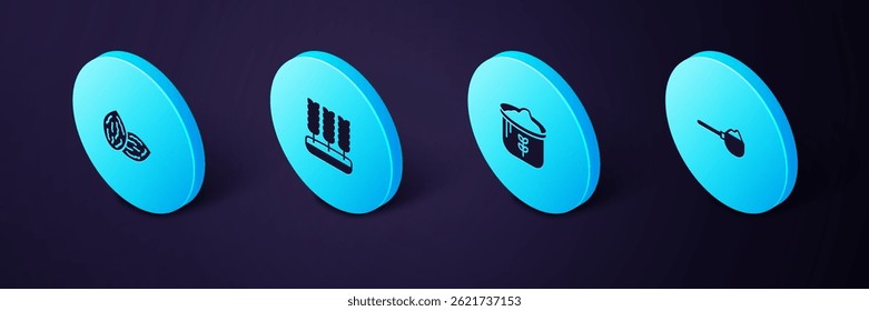 Set Isometric Measuring cup with flour, Bag of, Wheat and Seed icon. Vector