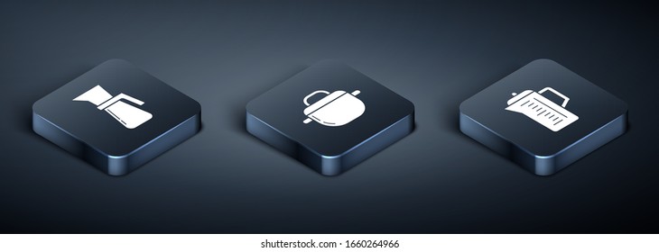 Coloque el icono de la taza de medición isométrica, la tetera y la olla de cocina. Vector