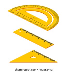 Set of Isometric measuring tools: rulers, triangles, protractor. Vector school instruments isolated on white background. 