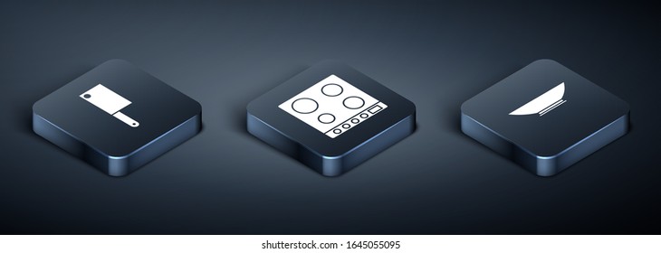 Set Isometric Meat chopper, Bowl and Gas stove icon. Vector