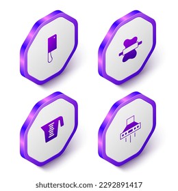 Set Isometric Meat chopper, Rolling pin on dough, Measuring cup and Kitchen extractor fan icon. Purple hexagon button. Vector