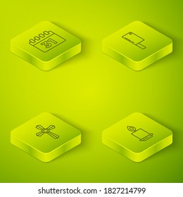 Set Isometric Meat chopper, Tombstone with cross, Burning candle and Calendar Halloween icon. Vector