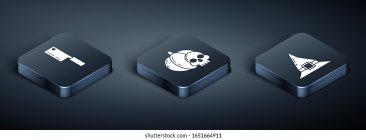Set Isometric Meat chopper , Witch hat  and Pumpkin and skull  icon. Vector