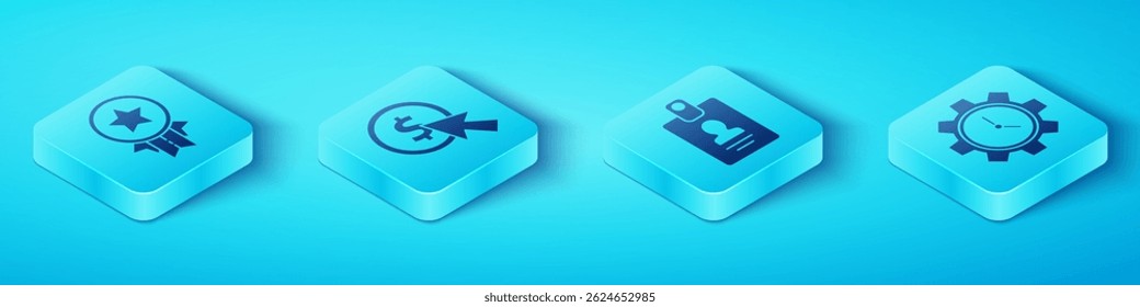 Set Isometric Medal with star, Cursor and coin, Time Management and Identification badge icon. Vector