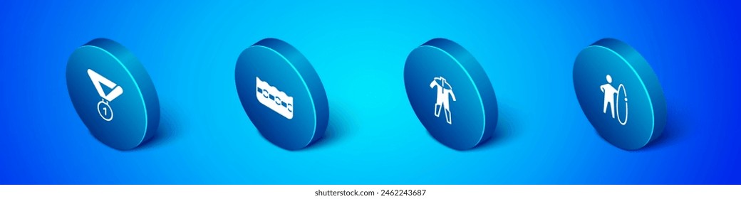 Set Isometric Medal, Wetsuit for scuba diving, Surfboard and Swimming pool icon. Vector