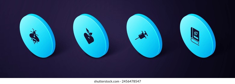 Set Isometric Medical book, Syringe, Heart and Bee icon. Vector