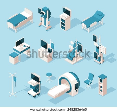 Set of isometric medical equipment. Icons with gadgets and furniture for clinic. Devices for diagnosing diseases. MRI, ultrasound, x ray, iv bag and tomography. 3D vector isolated illustrations