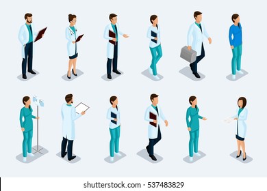 Set Of Isometric Medical Professionals, Doctor, Surgeon, Nurse. The Hospital Staff On A Light Background. Vector Illustration.