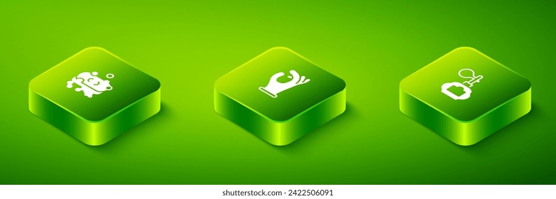 Set Isometric Medical rubber gloves, Aftershave and Bar of soap with foam icon. Vector